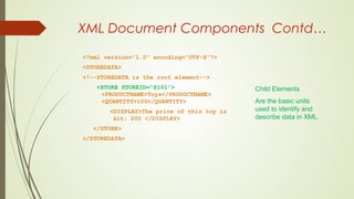 XML Document Components Contd…
<?xml version=“1.0” encoding=“UTF-8”?>
<STOREDATA>
<!--STOREDATA is the root element-->
<STORE STOREID=“S101”>
<PRODUCTNAME>Toys</PRODUCTNAME>
<QUANTITY>100</QUANTITY>
<DISPLAY>The price of this toy is
< 200 </DISPLAY>
</STORE>
</STOREDATA>
Child Elements
Are the basic units
used to identify and
describe data in XML.
 