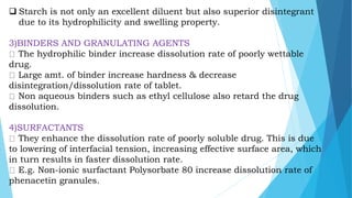  Starch is not only an excellent diluent but also superior disintegrant
due to its hydrophilicity and swelling property.
3)BINDERS AND GRANULATING AGENTS
The hydrophilic binder increase dissolution rate of poorly wettable
drug.
Large amt. of binder increase hardness & decrease
disintegration/dissolution rate of tablet.
Non aqueous binders such as ethyl cellulose also retard the drug
dissolution.
4)SURFACTANTS
They enhance the dissolution rate of poorly soluble drug. This is due
to lowering of interfacial tension, increasing effective surface area, which
in turn results in faster dissolution rate.
E.g. Non-ionic surfactant Polysorbate 80 increase dissolution rate of
phenacetin granules.
 