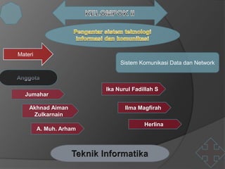 Materi
Sistem Komunikasi Data dan Network
Jumahar
Akhnad Aiman
Zulkarnain
A. Muh. Arham
Ika Nurul Fadillah S
Ilma Magfirah
Herlina
 