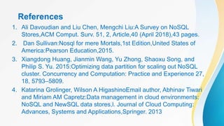 References
1. Ali Davoudian and Liu Chen, Mengchi Liu:A Survey on NoSQL
Stores,ACM Comput. Surv. 51, 2, Article,40 (April 2018),43 pages.
2. Dan Sullivan:Nosql for mere Mortals,1st Edition,United States of
America:Pearson Education,2015.
3. Xiangdong Huang, Jianmin Wang, Yu Zhong, Shaoxu Song, and
Philip S. Yu. 2015:Optimizing data partition for scaling out NoSQL
cluster. Concurrency and Computation: Practice and Experience 27,
18, 5793–5809.
4. Katarina Grolinger, Wilson A HigashinoEmail author, Abhinav Tiwari
and Miriam AM Capretz:Data management in cloud environments:
NoSQL and NewSQL data stores,l. Journal of Cloud Computing:
Advances, Systems and Applications,Springer. 2013
 