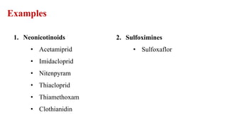 1. Neonicotinoids
• Acetamiprid
• Imidacloprid
• Nitenpyram
• Thiacloprid
• Thiamethoxam
• Clothianidin
2. Sulfoximines
• Sulfoxaflor
Examples
 
