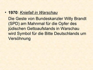 1970 :  Kniefall in Warschau Die Geste von Bundeskanzler Willy Brandt (SPD) am Mahnmal für die Opfer des jüdischen Gettoaufstands in Warschau wird Symbol für die Bitte Deutschlands um Versöhnung  
