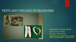 PESTS AND DISEASES OF SILKWORM
SUBMITTED BY- RAMAN KISHOR
CLASS – B.SC. 3RD YEAR
ROLL NO. – 01695(ZOOL)
SUBMITTED TO- ASSIT. PROF. PANKAJ
GUPTA (DEPARTMENT OF ZOOLOGY)
 