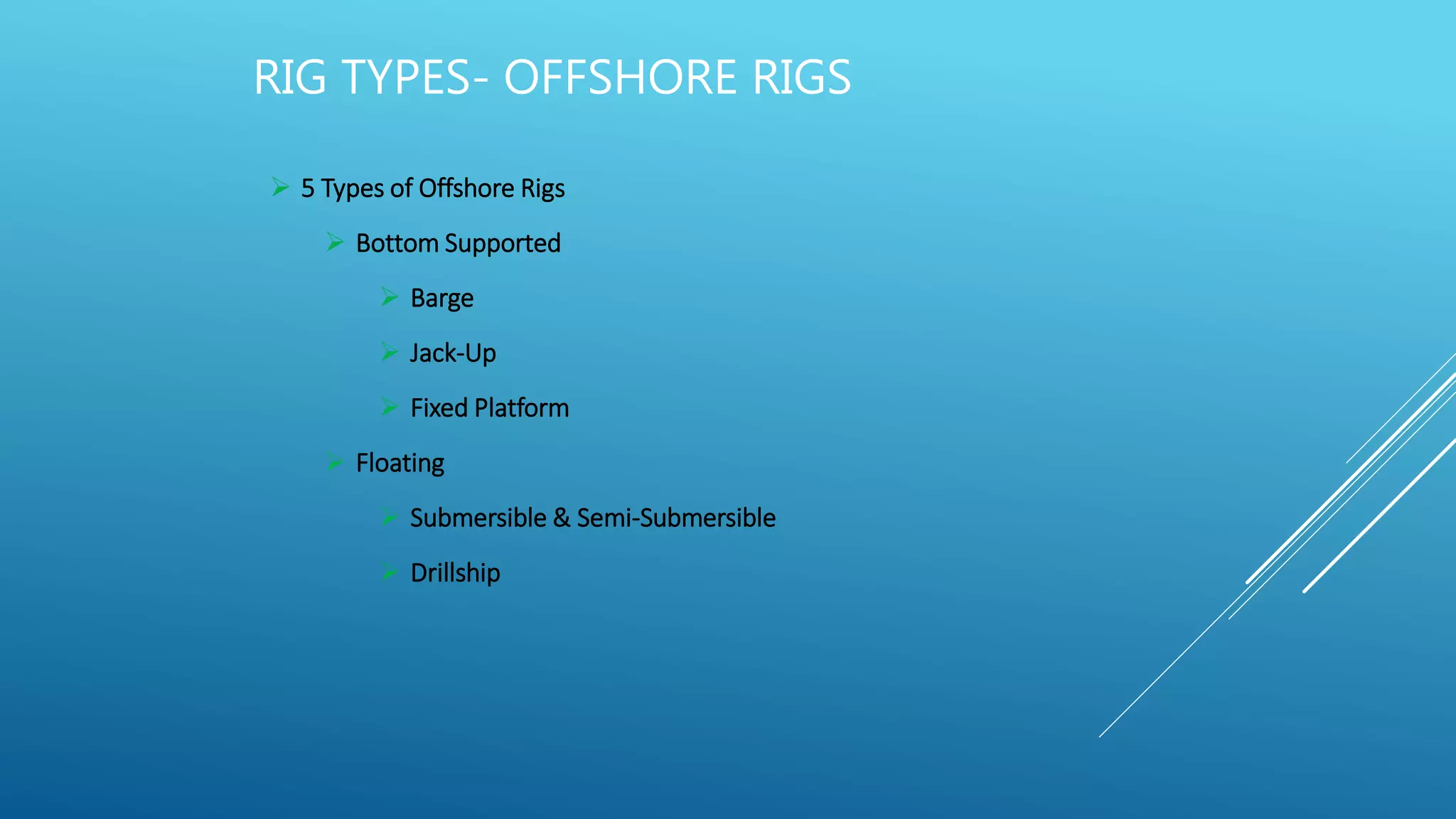 RIG TYPES- OFFSHORE RIGS
 5 Types of Offshore Rigs
 Bottom Supported
 Barge
 Jack-Up
 Fixed Platform
 Floating
 Submersible & Semi-Submersible
 Drillship
 