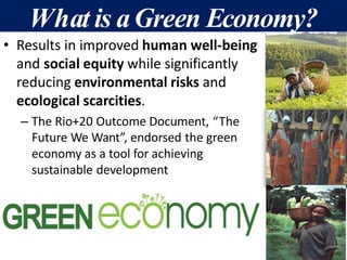 What is aGreen Economy?
• Results in improved human well-being
and social equity while significantly
reducing environmental risks and
ecological scarcities.
– The Rio+20 Outcome Document, “The
Future We Want”, endorsed the green
economy as a tool for achieving
sustainable development
 