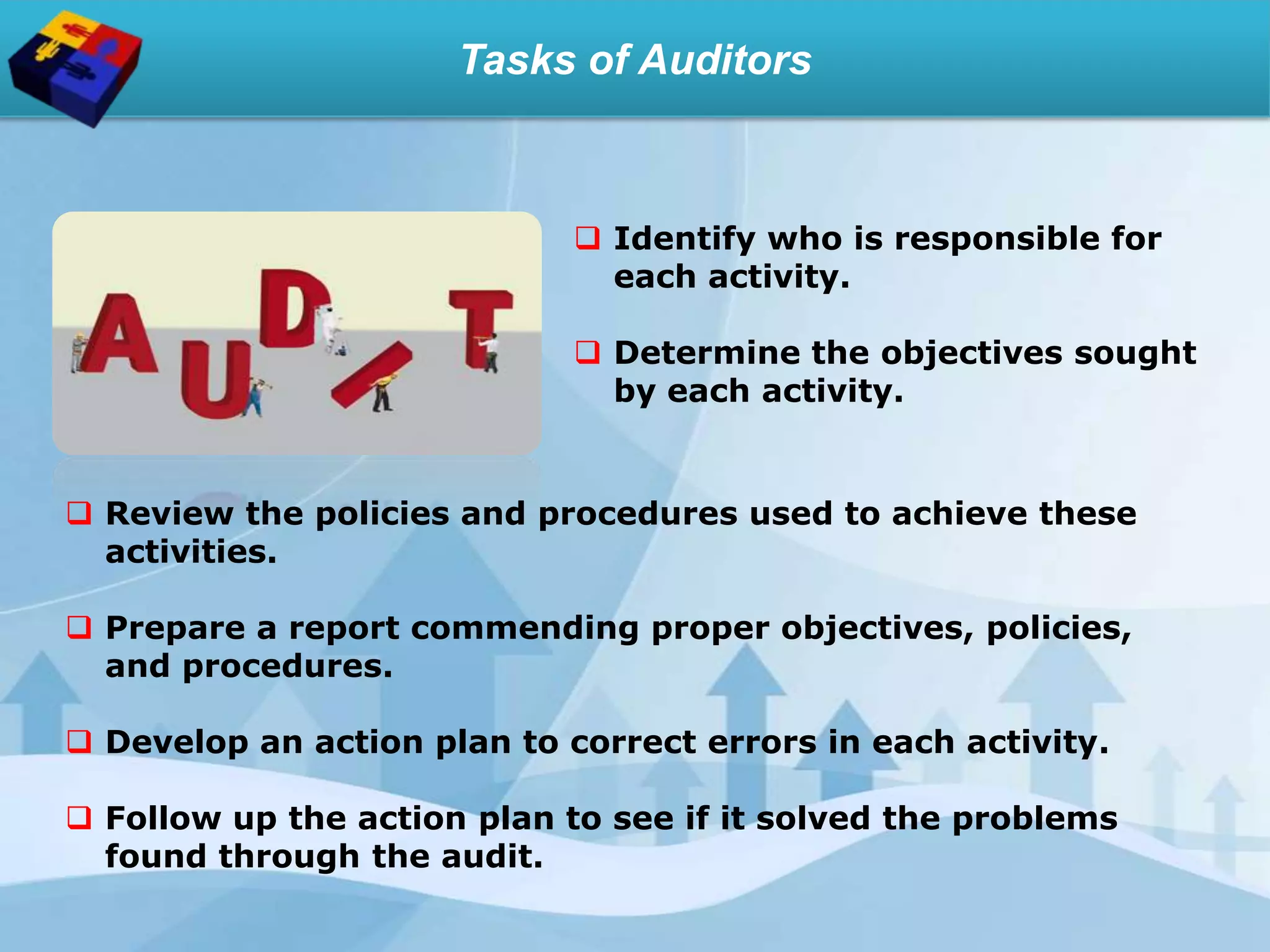 Tasks of Auditors
 Review the policies and procedures used to achieve these
activities.
 Prepare a report commending proper objectives, policies,
and procedures.
 Develop an action plan to correct errors in each activity.
 Follow up the action plan to see if it solved the problems
found through the audit.
 Identify who is responsible for
each activity.
 Determine the objectives sought
by each activity.
 