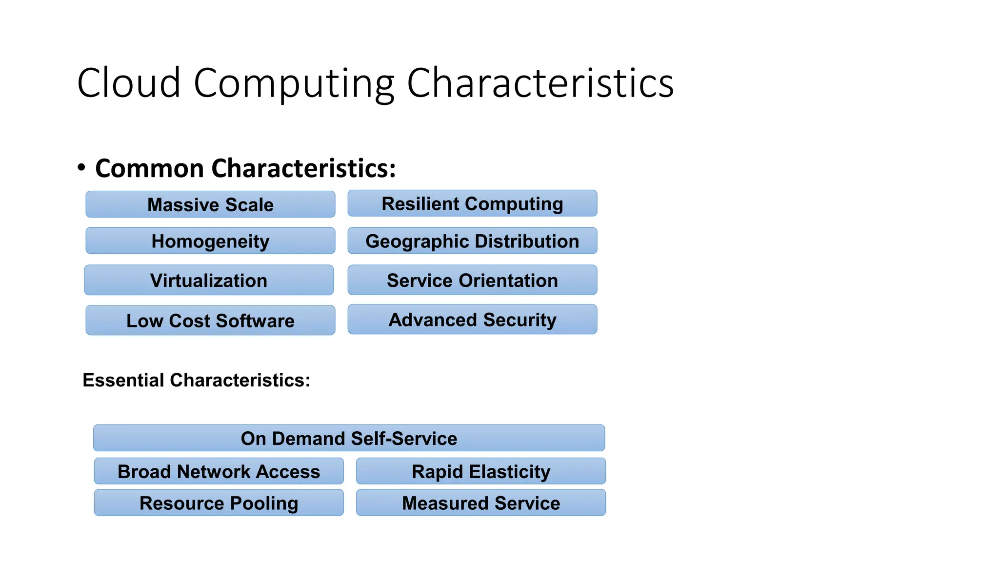 Cloud Computing Characteristics
• Common Characteristics:
Low Cost Software
Virtualization Service Orientation
Advanced Security
Homogeneity
Massive Scale Resilient Computing
Geographic Distribution
Essential Characteristics:
Resource Pooling
Broad Network Access Rapid Elasticity
Measured Service
On Demand Self-Service
 