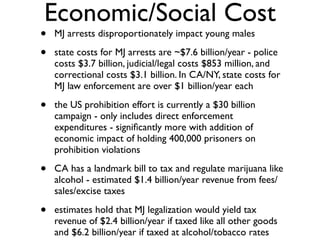 Economic/Social Cost
•   MJ arrests disproportionately impact young males

•   state costs for MJ arrests are ~$7.6 billion/year - police
    costs $3.7 billion, judicial/legal costs $853 million, and
    correctional costs $3.1 billion. In CA/NY, state costs for
    MJ law enforcement are over $1 billion/year each

•   the US prohibition effort is currently a $30 billion
    campaign - only includes direct enforcement
    expenditures - signiﬁcantly more with addition of
    economic impact of holding 400,000 prisoners on
    prohibition violations

•   CA has a landmark bill to tax and regulate marijuana like
    alcohol - estimated $1.4 billion/year revenue from fees/
    sales/excise taxes

•   estimates hold that MJ legalization would yield tax
    revenue of $2.4 billion/year if taxed like all other goods
    and $6.2 billion/year if taxed at alcohol/tobacco rates
 