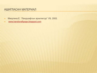 АШИГЛАСАН МАТЕРИАЛ




Микулина.Е. “Ландшафтын архитектур” УБ. 2002.
www.handioraftpage.blogspot.com

 
