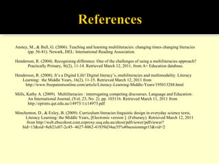 Anstey, M., & Bull, G. (2006). Teaching and learning multiliteracies: changing times changing literacies (pp. 56-81). Newark, DEL: International Reading Association. Henderson, R. (2004). Recognising difference: One of the challenges of using a multiliteracies approach?  Practically Primary, 9((2), 11-14. Retrieved March 12, 2011, from A+ Education database. Henderson, R. (2008). It’s a Digital Life! Digital literacy’s, multiliteracies and multimodality. Literacy Learning:  the Middle Years, 16(2), 11-15. Retrieved March 12, 2011 from  http://www.freepatentsonline.com/article/Literacy-Learning-Middle-Years/195013288.html  Mills, Kathy A. (2009).  Multiliteracies : interrogating competing discourses. Language and Education:  An International Journal, (Vol, 23, No. 2). pp. 103116. Retrieved March 11, 2011 from http://eprints.qut.edu.au/14973/1/c14973.pdf  Minchenton, D., & Exley, B. (2009). Curriculum literacies:linguistic design in everyday science texts,  Literacy Learning: the Middle Years, [Electronic version ]. (Feburary). Retrieved March 12, 2011  from http://web.ebscohost.com.ezproxy.usq.edu.au/ehost/pdfviewer/pdfviewer?hid=13&sid=8eb21e07-2c45- 4627-8062-41939d34ae35%40sessionmgr13&vid=2  