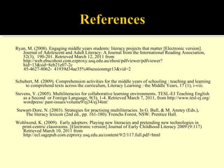 Ryan, M. (2008). Engaging middle years students: literacy projects that matter [Electronic version].  Journal of Adolescent and Adult Literacy: A Journal from the International Reading Association, 52(3),  190-201. Retrieved March 12, 2011 from http://web.ebscohost.com.ezproxy.usq.edu.au/ehost/pdfviewer/pdfviewer?hid=13&sid=8eb21e07-2c 45-4627-8062-  41939d34ae35%40sessionmgr13&vid=2  Schubert, M. (2009). Comprehension activities for the middle years of schooling : teaching and learning  to comprehend texts across the curriculum, Literacy Learning : the Middle Years, 17 (1), i-viii. Stevens, V. (2005). Multiliteracies for collaborative learning environments. TESL-EJ Teaching English as a Second  or Foreign Language, 9(3), 1-4. Retrieved March 7, 2011, from http://www.tesl-ej.org/wordpress/ past-issues/volume9/ej34/ej34int/ Stewart-Dore, N. (2003). Strategies for practising multiliteracies. In G. Bull, & M. Anstey (Eds.),  The literacy lexicon (2nd ed., pp. 161-180). Frenchs Forest, NSW: Prentice Hall. Wohlwend, K. (2009).  Early adopters: Playing new literacies and pretending new technologies in  print-centric classrooms. [Electronic version] Journal of Early Childhood Literacy 2009 (9:117) Retrieved March 10, 2011 from http://ecl.sagepub.com.ezproxy.usq.edu.au/content/9/2/117.full.pdf+html 