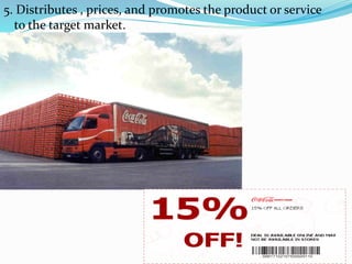 Marketing-
5. Distributes , prices, and promotes the product or service
to the target market.
 