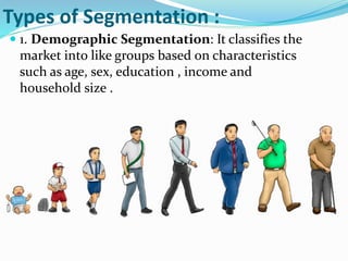 Types of Segmentation :
 1. Demographic Segmentation: It classifies the
market into like groups based on characteristics
such as age, sex, education , income and
household size .
 