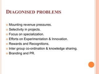 DIAGONISED PROBLEMS
 Mounting revenue pressures.
 Selectivity in projects.
 Focus on specialization.
 Efforts on Experimentation & Innovation.
 Rewards and Recognitions.
 Inter group co-ordination & knowledge sharing.
 Branding and PR.
 