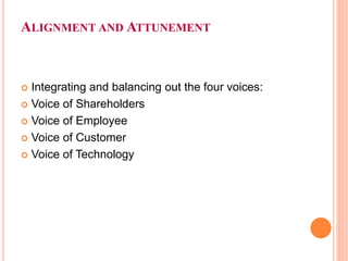 ALIGNMENT AND ATTUNEMENT
 Integrating and balancing out the four voices:
 Voice of Shareholders
 Voice of Employee
 Voice of Customer
 Voice of Technology
 