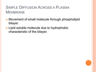 SIMPLE DIFFUSION ACROSS A PLASMA
MEMBRANE
 Movement of small molecule through phospholipid
  bilayer.
 Lipid soluble molecule due to hydrophobic
  characteristic of the bilayer.
 