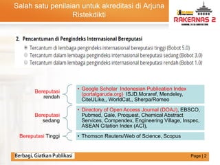 LOGO
Page | 2
Salah satu penilaian untuk akreditasi di Arjuna
Ristekdikti
Bereputasi
rendah
• Google Scholar, Indonesian Publication Index
(portalgaruda.org), ISJD,Moraref, Mendeley,
CiteULike,, WorldCat,, Sherpa/Romeo
Bereputasi
sedang
• Directory of Open Access Journal (DOAJ), EBSCO,
Pubmed, Gale, Proquest, Chemical Abstract
Services, Compendex, Engineering Village, Inspec,
ASEAN Citation Index (ACI),
Bereputasi Tinggi • Thomson Reuters/Web of Science, Scopus
 