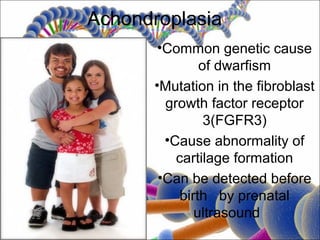 Achondroplasia
       •Common genetic cause
               of dwarfism
      •Mutation in the fibroblast
        growth factor receptor
                3(FGFR3)
        •Cause abnormality of
          cartilage formation
       •Can be detected before
           birth by prenatal
              ultrasound
 