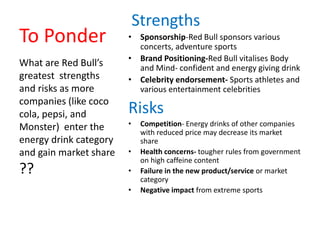 To Ponder
Strengths
• Sponsorship-Red Bull sponsors various
concerts, adventure sports
• Brand Positioning-Red Bull vitalises Body
and Mind- confident and energy giving drink
• Celebrity endorsement- Sports athletes and
various entertainment celebrities
Risks
• Competition- Energy drinks of other companies
with reduced price may decrease its market
share
• Health concerns- tougher rules from government
on high caffeine content
• Failure in the new product/service or market
category
• Negative impact from extreme sports
What are Red Bull’s
greatest strengths
and risks as more
companies (like coco
cola, pepsi, and
Monster) enter the
energy drink category
and gain market share
??
 