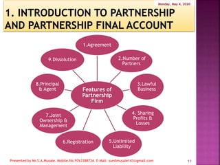 Features of
Partnership
Firm
1.Agreement
2.Number of
Partners
3.Lawful
Business
4. Sharing
Profits &
Losses
5.Unlimited
Liability
6.Registration
7.Joint
Ownership &
Management
8.Principal
& Agent
9.Dissolution
11
 
