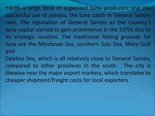•With a large base of organized tuna producers and the
successful use of payaos, the tuna catch in General Santos
rose. The reputation of General Santos as the country’s
tuna capital started to gain prominence in the 1970s due to
its strategic location. The traditional fishing grounds for
tuna are the Mindanao Sea, southern Sulu Sea, Moro Gulf
and
Celebes Sea, which is all relatively close to General Santos,
compared to other provinces in the south. The city is
likewise near the major export markets, which translates to
cheaper shipment/freight costs for local exporters.
 