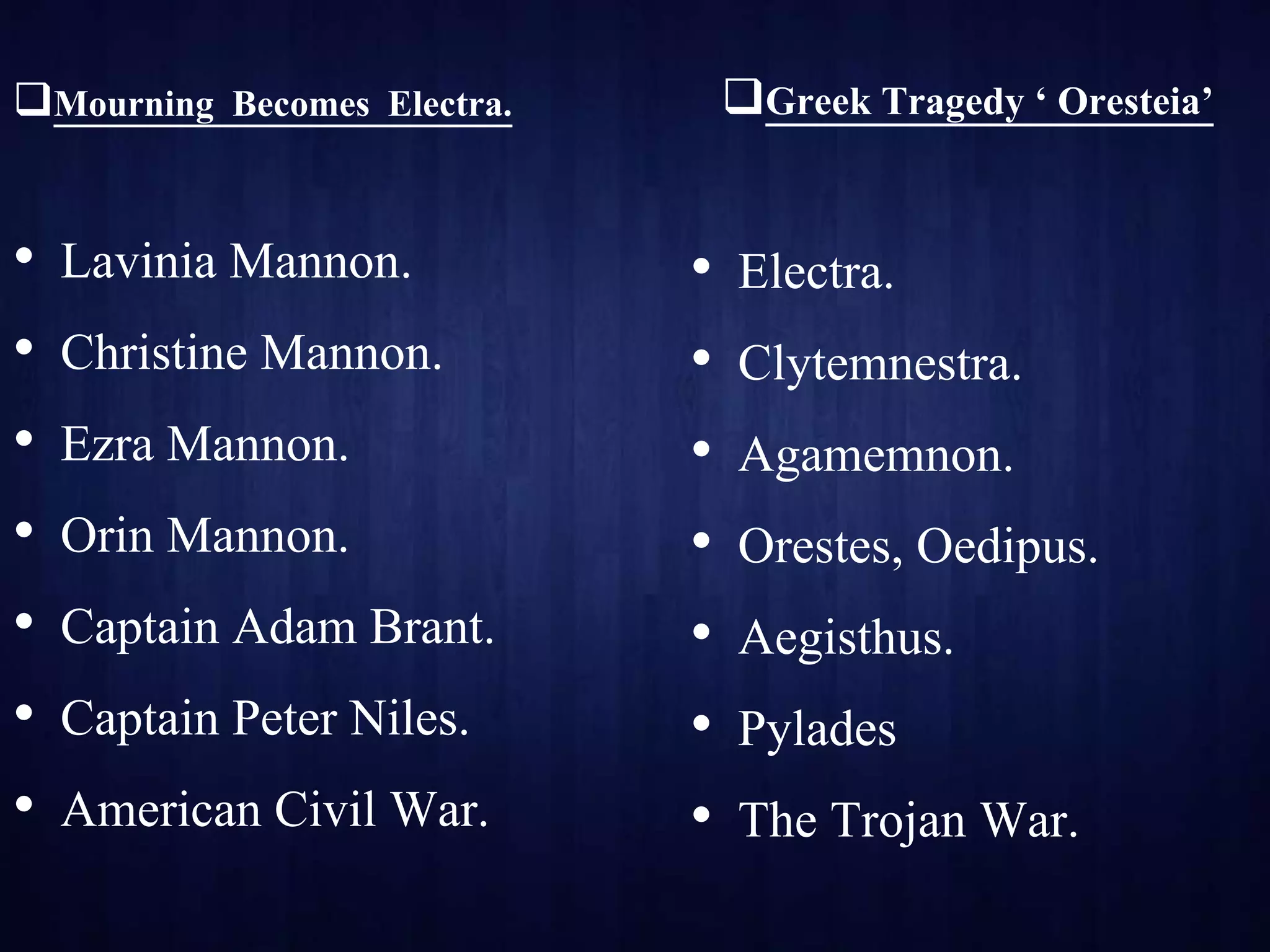 Mourning Becomes Electra.
• Lavinia Mannon.
• Christine Mannon.
• Ezra Mannon.
• Orin Mannon.
• Captain Adam Brant.
• Captain Peter Niles.
• American Civil War.
Greek Tragedy ‘ Oresteia’
• Electra.
• Clytemnestra.
• Agamemnon.
• Orestes, Oedipus.
• Aegisthus.
• Pylades
• The Trojan War.
 