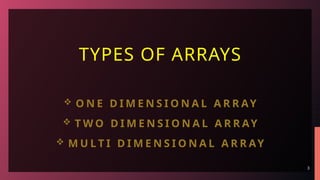 3
TYPES OF ARRAYS
 O N E D I M E N S I O N A L A R R AY
 T W O D I M E N S I O N A L A R R AY
 M U L T I D I M E N S I O N A L A R R AY
 