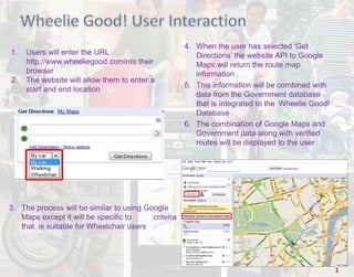 Wheelie Good! User Interaction 4.	When the user has selected ‘Get Directions’ the website API to Google Maps will return the route map information 5.	This information will be combined with data from the Government database that is integrated to the 	Wheelie Good! Database 6.	The combination of Google Maps and Government data along with verified routes will be displayed to the user 1.    Users will enter the URL 	http://www.wheeliegood.cominto their 	browser 2.	The website will allow them to enter a 	start and end location 3. 	The process will be similar to using Google Maps except it will be specific to 	criteria that  is suitable for Wheelchair users 1 
