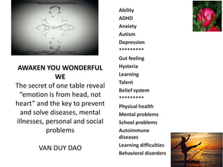 AWAKEN YOU WONDERFUL
WE
The secret of one table reveal
“emotion is from head, not
heart” and the key to prevent
and solve diseases, mental
illnesses, personal and social
problems
VAN DUY DAO
Ability
ADHD
Anxiety
Autism
Depression
*********
Gut feeling
Hysteria
Learning
Talent
Belief system
*********
Physical health
Mental problems
School problems
Autoimmune
diseases
Learning difficulties
Behavioral disorders
 