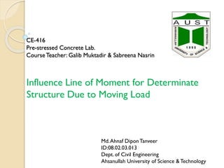 CE-416
Pre-stressed Concrete Lab.
Course Teacher: Galib Muktadir & Sabreena Nasrin

Influence Line of Moment for Determinate
Structure Due to Moving Load

Md. Ahnaf Dipon Tanveer
ID:08.02.03.013
Dept. of Civil Engineering
Ahsanullah University of Science & Technology

 
