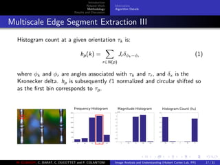 Introduction
Related Work
Methodology
Results and Discussion
Motivation
Algorithm Details
Multiscale Edge Segment Extraction III
Histogram count at a given orientation τk is:
hp(k) =
r∈N(p)
Jr δφk −φr (1)
where φk and φr are angles associated with τk and τr , and δx is the
Kronecker delta. hp is subsequently 1 normalized and circular shifted so
as the ﬁrst bin corresponds to τp.
0 36 72 108 144
0
0.5
1
1.5
2
2.5
3
3.5
4
4.5
#106
Magnitude Histogram
108 144 0 36 72
0
0.1
0.2
0.3
0.4
0.5
0.6
Histogram Count (hp)
0 36 72 108 144
0
500
1000
1500
2000
2500
3000
Frequency Histogram
M. ELAWADY, C. BARAT, C. DUCOTTET and P. COLANTONI Image Analysis and Understanding (Hubert Curien Lab, FR) 17 / 31
 