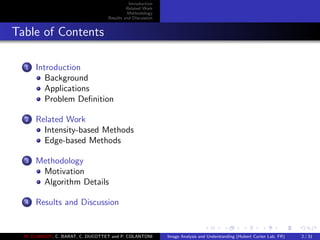 Introduction
Related Work
Methodology
Results and Discussion
Table of Contents
1 Introduction
Background
Applications
Problem Deﬁnition
2 Related Work
Intensity-based Methods
Edge-based Methods
3 Methodology
Motivation
Algorithm Details
4 Results and Discussion
M. ELAWADY, C. BARAT, C. DUCOTTET and P. COLANTONI Image Analysis and Understanding (Hubert Curien Lab, FR) 2 / 31
 