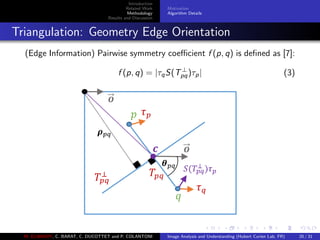 Introduction
Related Work
Methodology
Results and Discussion
Motivation
Algorithm Details
Triangulation: Geometry Edge Orientation
(Edge Information) Pairwise symmetry coeﬃcient f (p, q) is deﬁned as [7]:
f (p, q) = |τqS(T⊥
pq)τp| (3)
M. ELAWADY, C. BARAT, C. DUCOTTET and P. COLANTONI Image Analysis and Understanding (Hubert Curien Lab, FR) 20 / 31
 
