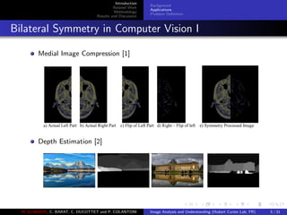 Introduction
Related Work
Methodology
Results and Discussion
Background
Applications
Problem Deﬁnition
Bilateral Symmetry in Computer Vision I
Medial Image Compression [1]
Depth Estimation [2]
M. ELAWADY, C. BARAT, C. DUCOTTET and P. COLANTONI Image Analysis and Understanding (Hubert Curien Lab, FR) 5 / 31
 