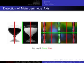 Introduction
Related Work
Methodology
Results and Discussion
Background
Applications
Problem Deﬁnition
Detection of Main Symmetry Axis
Axis Legend: Strong, Weak
M. ELAWADY, C. BARAT, C. DUCOTTET and P. COLANTONI Image Analysis and Understanding (Hubert Curien Lab, FR) 7 / 31
 