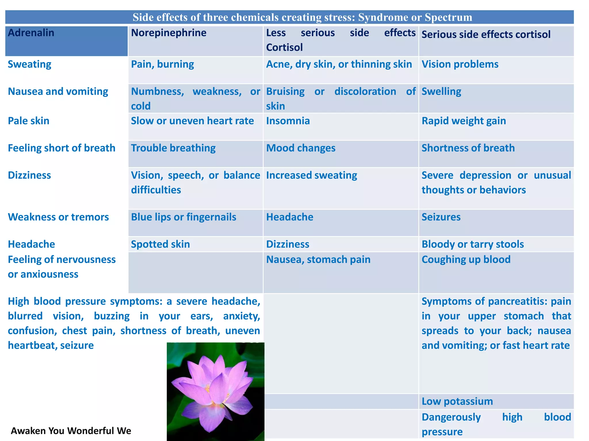 Side effects of three chemicals creating stress: Syndrome or Spectrum
Adrenalin Norepinephrine Less serious side effects
Cortisol
Serious side effects cortisol
Sweating Pain, burning Acne, dry skin, or thinning skin Vision problems
Nausea and vomiting Numbness, weakness, or
cold
Bruising or discoloration of
skin
Swelling
Pale skin Slow or uneven heart rate Insomnia Rapid weight gain
Feeling short of breath Trouble breathing Mood changes Shortness of breath
Dizziness Vision, speech, or balance
difficulties
Increased sweating Severe depression or unusual
thoughts or behaviors
Weakness or tremors Blue lips or fingernails Headache Seizures
Headache Spotted skin Dizziness Bloody or tarry stools
Feeling of nervousness
or anxiousness
Nausea, stomach pain Coughing up blood
High blood pressure symptoms: a severe headache,
blurred vision, buzzing in your ears, anxiety,
confusion, chest pain, shortness of breath, uneven
heartbeat, seizure
Symptoms of pancreatitis: pain
in your upper stomach that
spreads to your back; nausea
and vomiting; or fast heart rate
Low potassium
Dangerously high blood
pressureAwaken You Wonderful We
 