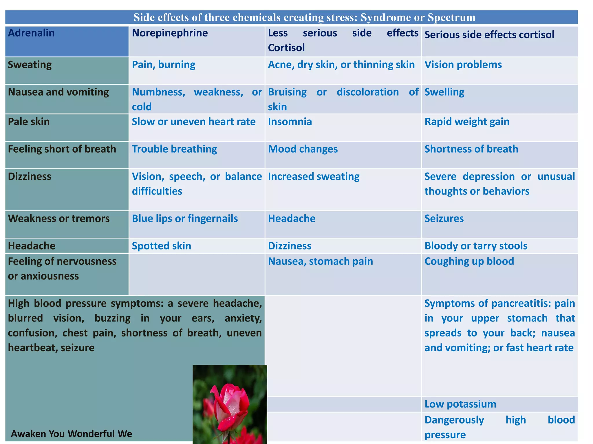 Side effects of three chemicals creating stress: Syndrome or Spectrum
Adrenalin Norepinephrine Less serious side effects
Cortisol
Serious side effects cortisol
Sweating Pain, burning Acne, dry skin, or thinning skin Vision problems
Nausea and vomiting Numbness, weakness, or
cold
Bruising or discoloration of
skin
Swelling
Pale skin Slow or uneven heart rate Insomnia Rapid weight gain
Feeling short of breath Trouble breathing Mood changes Shortness of breath
Dizziness Vision, speech, or balance
difficulties
Increased sweating Severe depression or unusual
thoughts or behaviors
Weakness or tremors Blue lips or fingernails Headache Seizures
Headache Spotted skin Dizziness Bloody or tarry stools
Feeling of nervousness
or anxiousness
Nausea, stomach pain Coughing up blood
High blood pressure symptoms: a severe headache,
blurred vision, buzzing in your ears, anxiety,
confusion, chest pain, shortness of breath, uneven
heartbeat, seizure
Symptoms of pancreatitis: pain
in your upper stomach that
spreads to your back; nausea
and vomiting; or fast heart rate
Low potassium
Dangerously high blood
pressureAwaken You Wonderful We
 