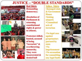 JUSTICE – “DOUBLE STANDARDS”Red ShirtsDemanding democracy;dissolution of Parliament & returning constitutional rights & power to citizens.Protestors killed, hunted, accused of being “terrorists” & overthrowing monarchy. They were incarcerated & denied bailYellow  Shirts damaged state & Government House 