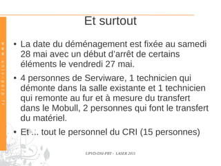 Et surtout
                                  ●   La date du déménagement est fixée au samedi
w w w . u n i v – p e r p . f r




                                      28 mai avec un début d’arrêt de certains
                                      éléments le vendredi 27 mai.
                                  ●   4 personnes de Serviware, 1 technicien qui
                                      démonte dans la salle existante et 1 technicien
                                      qui remonte au fur et à mesure du transfert
                                      dans le Mobull, 2 personnes qui font le transfert
                                      du matériel.
                                  ●   Et ... tout le personnel du CRI (15 personnes)

                                                      UPVD-DSI-PBT - LASER 2011
 
