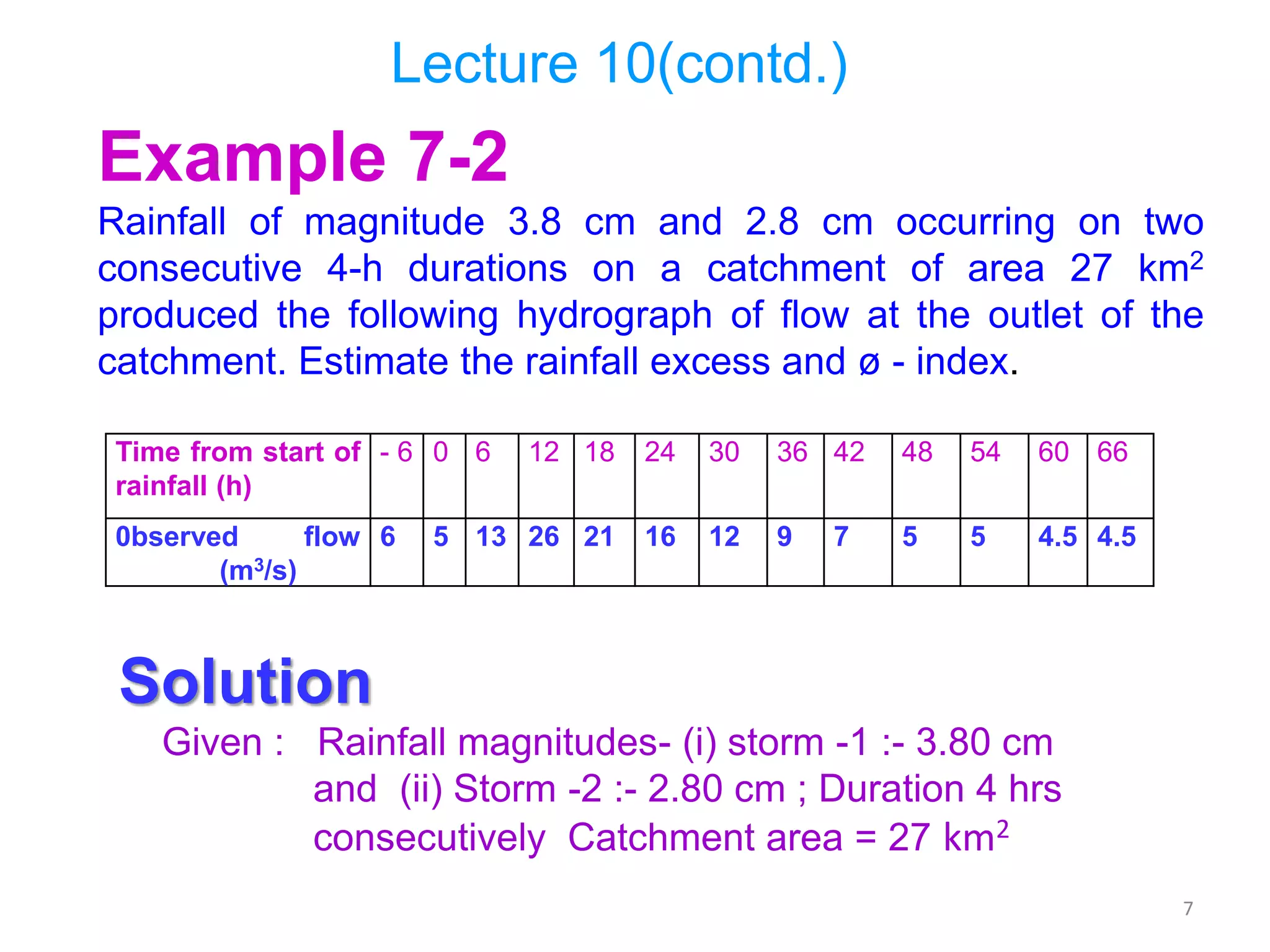 7
Lecture 10(contd.)
Example 7-2
Rainfall of magnitude 3.8 cm and 2.8 cm occurring on two
consecutive 4-h durations on a catchment of area 27 km2
produced the following hydrograph of flow at the outlet of the
catchment. Estimate the rainfall excess and ø - index.
Time from start of
rainfall (h)
- 6 0 6 12 18 24 30 36 42 48 54 60 66
0bserved flow
(m3/s)
6 5 13 26 21 16 12 9 7 5 5 4.5 4.5
Solution
Given : Rainfall magnitudes- (i) storm -1 :- 3.80 cm
and (ii) Storm -2 :- 2.80 cm ; Duration 4 hrs
consecutively Catchment area = 27 km2
 