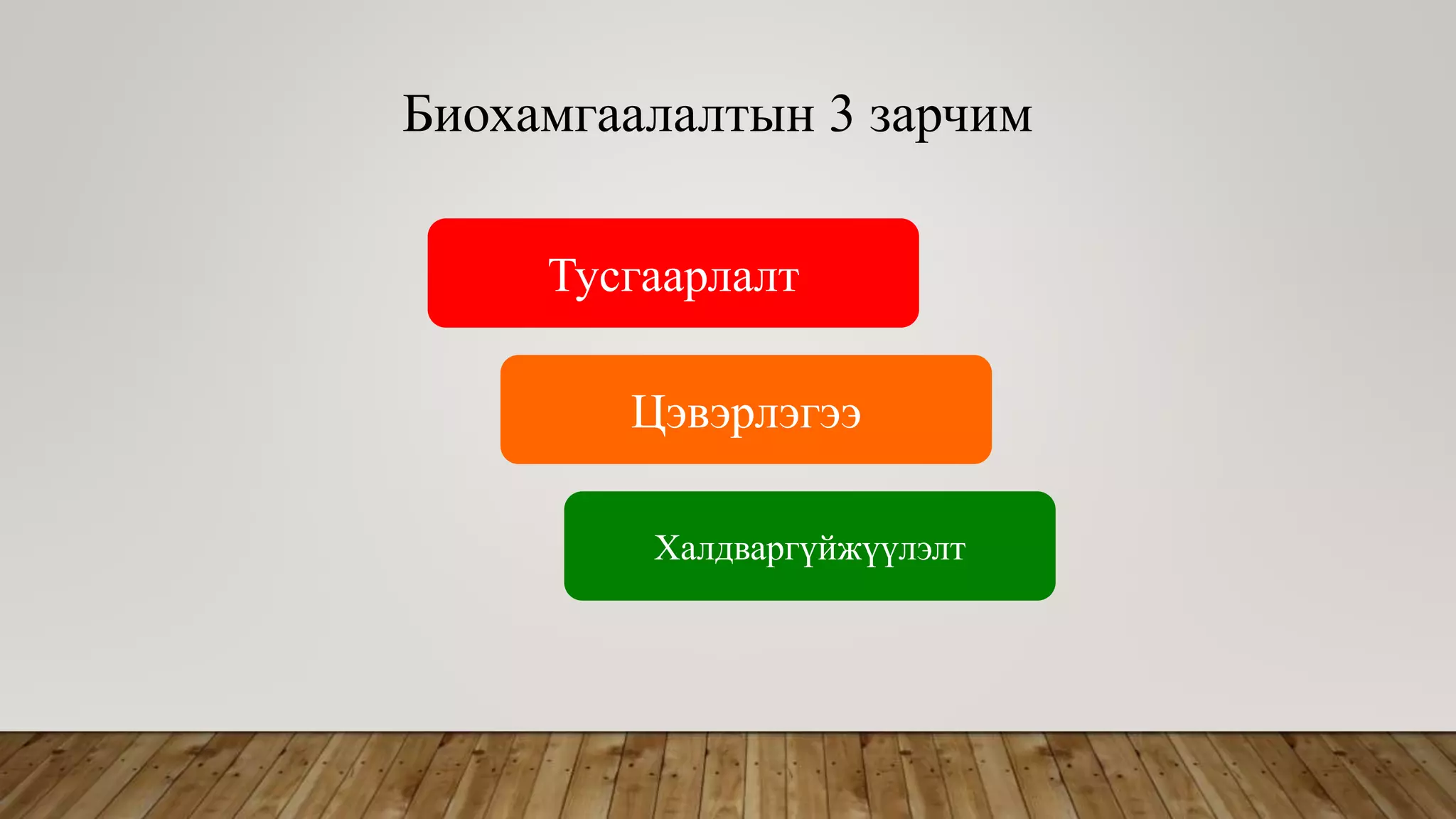 Биохамгаалалтын 3 зарчим
Тусгаарлалт
Цэвэрлэгээ
Халдваргүйжүүлэлт
 