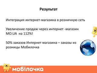 Результат

Интеграция интернет-магазина в розничную сеть

Увеличение продаж через интернет -магазин
MO.UA на 112%!

50% заказов Интернет магазина – заказы из
розницы Мобилочка
 