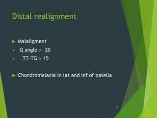 Distal realignment
 Malaligment
 Q angle  20
 TT-TG  15
 Chondromalacia in lat and inf of patella
47
 