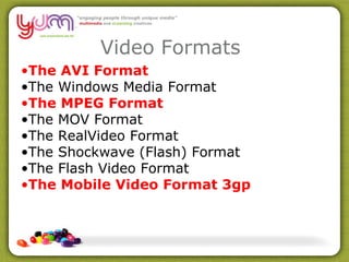 Video Formats The AVI Format The Windows Media Format The MPEG Format The MOV Format The RealVideo Format The Shockwave (Flash) Format The Flash Video Format The Mobile Video Format 3gp 