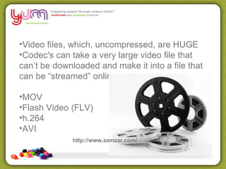 Video files, which, uncompressed, are HUGE Codec's can take a very large video file that can’t be downloaded and make it into a file that can be “streamed” online MOV Flash Video (FLV) h.264   AVI http://www.zamzar.com/ 
