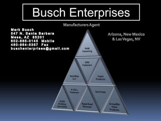 Busch Enterprises Manufacturers Agent Mark Busch 547 N. Santa Barbara Mesa, AZ  85201 602-885-0145  Mobile 480-964-5357  Fax     buschenterprises@gmail.com Arizona, New Mexico & Las Vegas, NV 