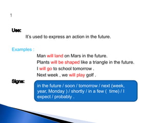 It’s used to express an action in the future.
Examples :
Man will land on Mars in the future.
Plants will be shaped like a triangle in the future.
I will go to school tomorrow .
Next week , we will play golf .
in the future / soon / tomorrow / next (week,
year, Monday ) / shortly / in a few ( time) / I
expect / probably .
 