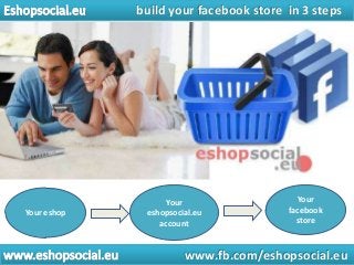 build your facebook store in 3 steps

Your eshop

Your
eshopsocial.eu
account

Your
facebook
store

www.fb.com/eshopsocial.eu

 
