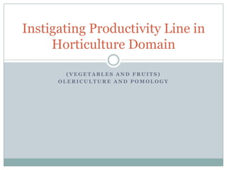 Instigating Productivity Line in
Horticulture Domain
(VEGETABLES AND FRUITS)
OLERICULTURE AND POMOLOGY

 