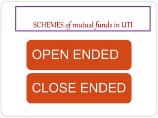 SCHEMES of mutual funds in UTI
OPEN ENDED
CLOSE ENDED
 